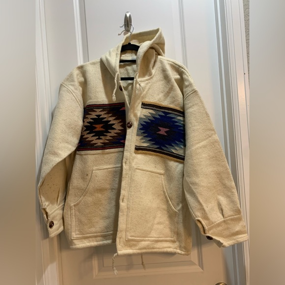 Vintage Cardigan Jacket Woollen Hoodie Native American Print Large See Photos - Picture 1 of 7